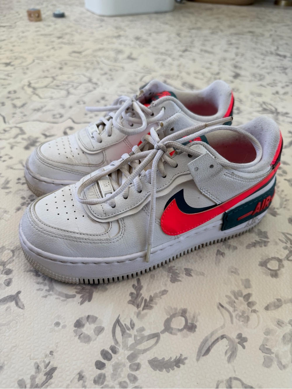 Nike White Sneakers with Pink and Teal Swoosh